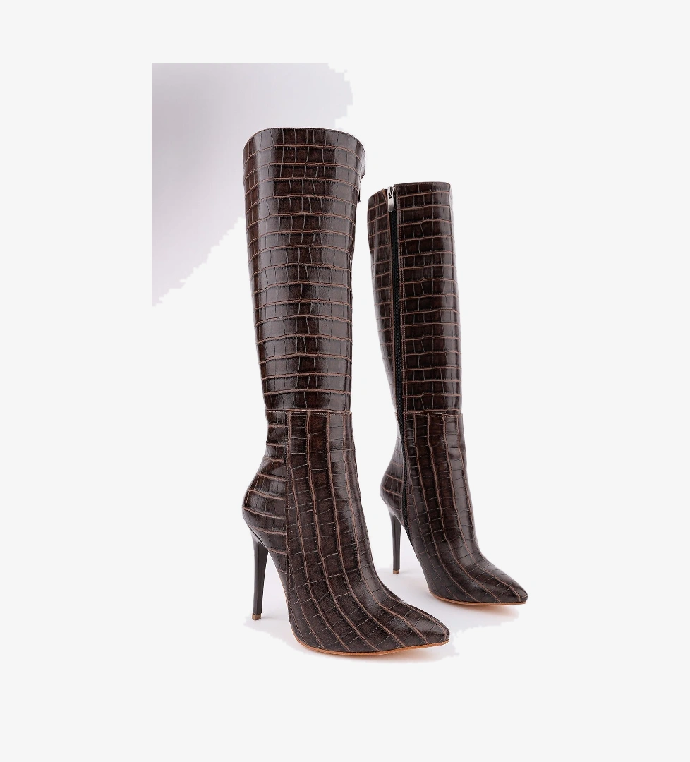 ZEST Kroko Desenli Sivri Burun Fermuarlı İnce Topuklu Kadın Çizme