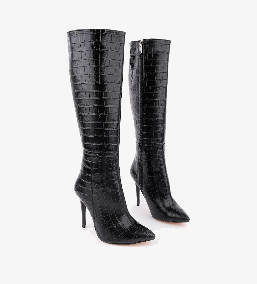 ZEST Kroko Desenli Sivri Burun Fermuarlı İnce Topuklu Kadın Çizme