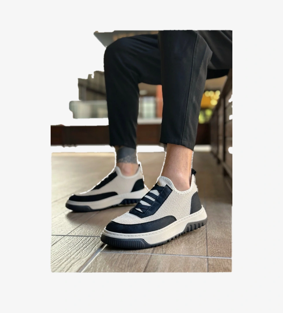 Pabucmarketi Bağcıksız Lastik Detaylı Triko Erkek Hi Sneaker BEJ SİYAH model görseli