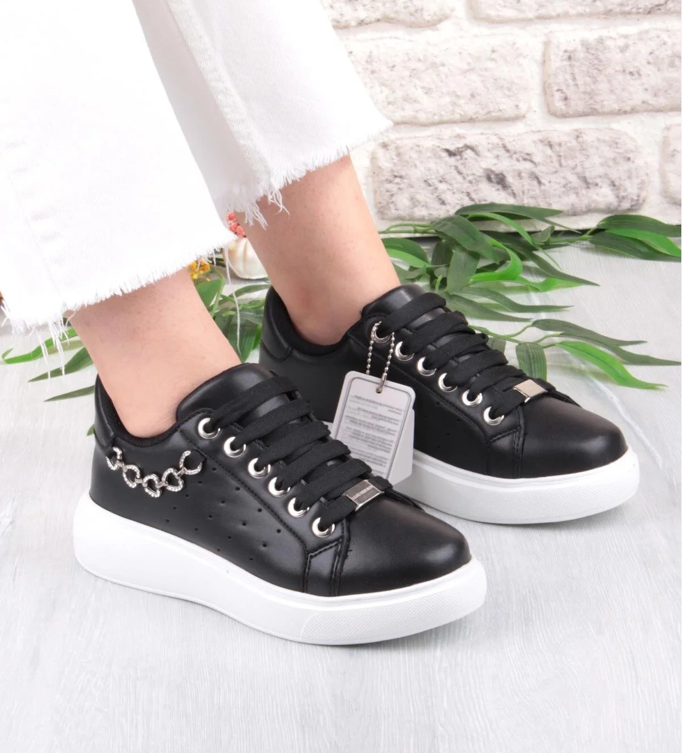 07335 Flet Zincir Aksesuar Bağcıklı Kalın Taban Sneaker Kadın Ayakkabı - Görsel 1