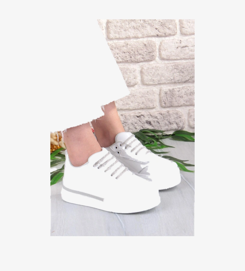 07319 Flet Taş Aksesuar Bağcıklı Kalın Taban Sneaker Kadın Ayakkabı