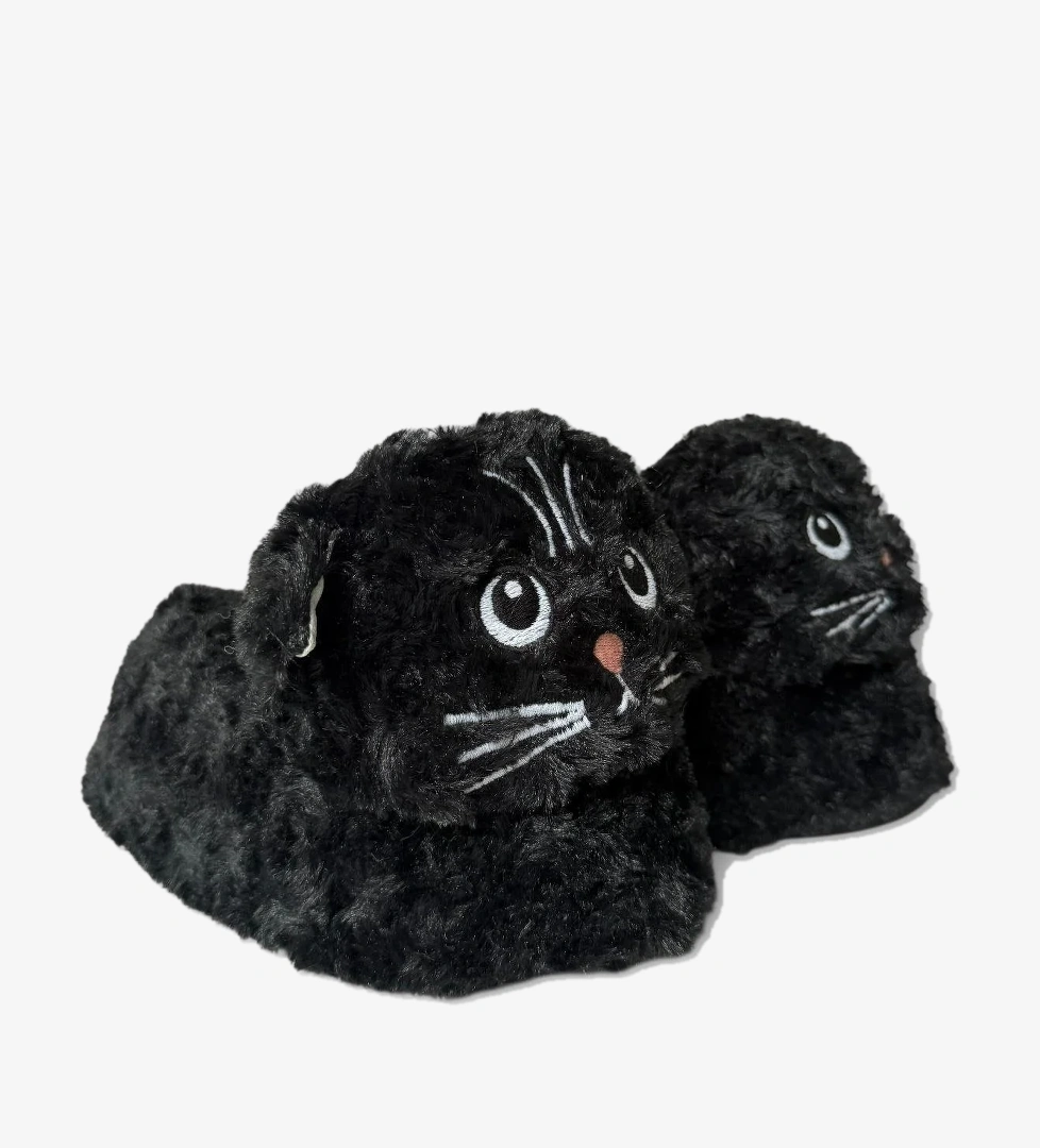 Kadın Sevimli Kedi Figürlü Peluş Panduf SİYAH - Görsel 1