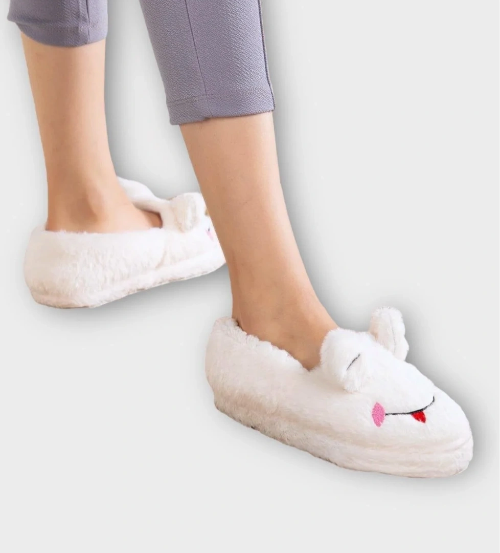 Kışlık Kadın Panduf Ev Ayakkabısı | Kurbağa Figürlü | Kaydırmaz Taban BEYAZ