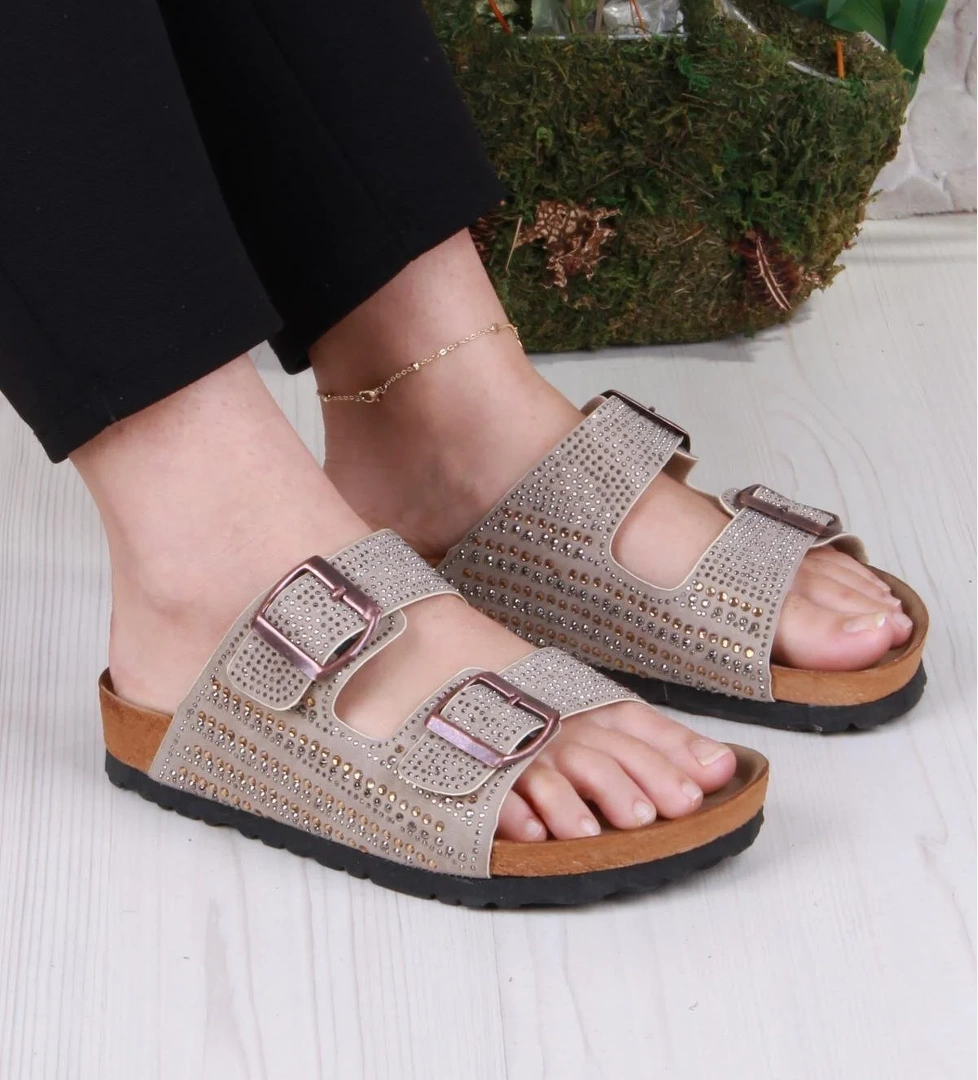 8731 Anatomik Rahat Taban Taşlı Çift Tokalı Şık Kadın Terlik