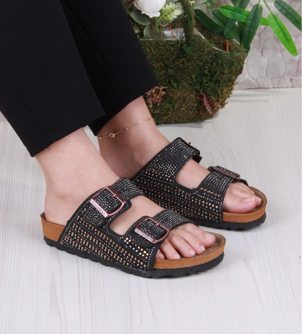 8731 Anatomik Rahat Taban Taşlı Çift Tokalı Şık Kadın Terlik - Görsel 1