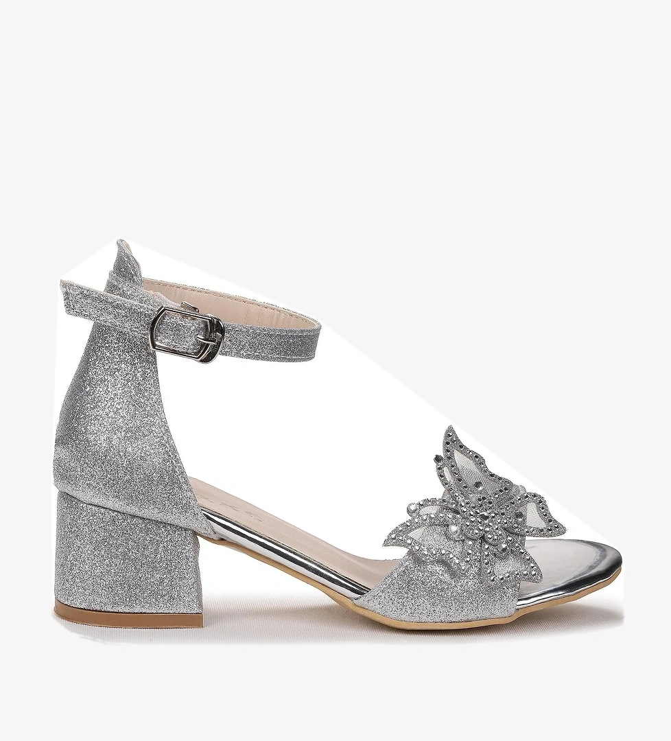 Zete Kum Simli Kız Çocuk 4 Cm Topuklu Sandalet Abiye Ayakkabı Gümüş - Görsel 1