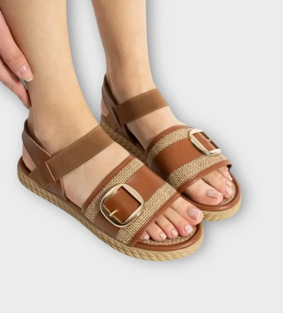 Kadın Tokalı Hasır Tek Bant Lastik Detaylı Sandalet TABA