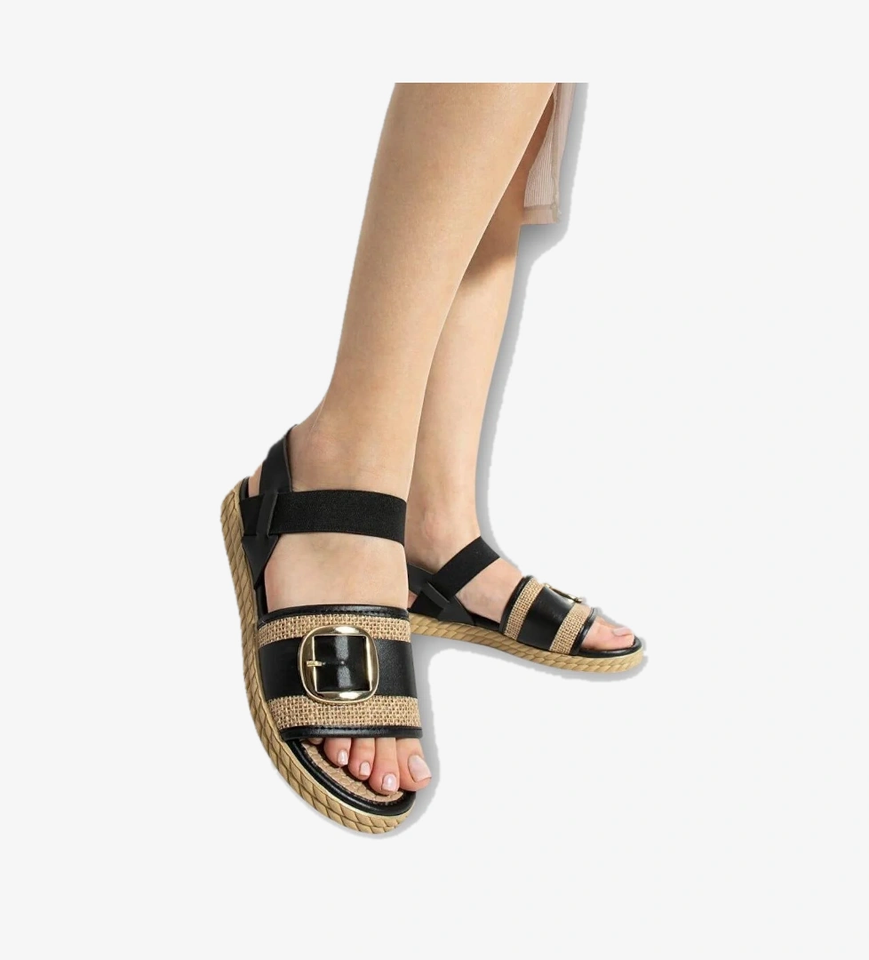 Kadın Tokalı Hasır Tek Bant Lastik Detaylı Sandalet SİYAH - Görsel 1