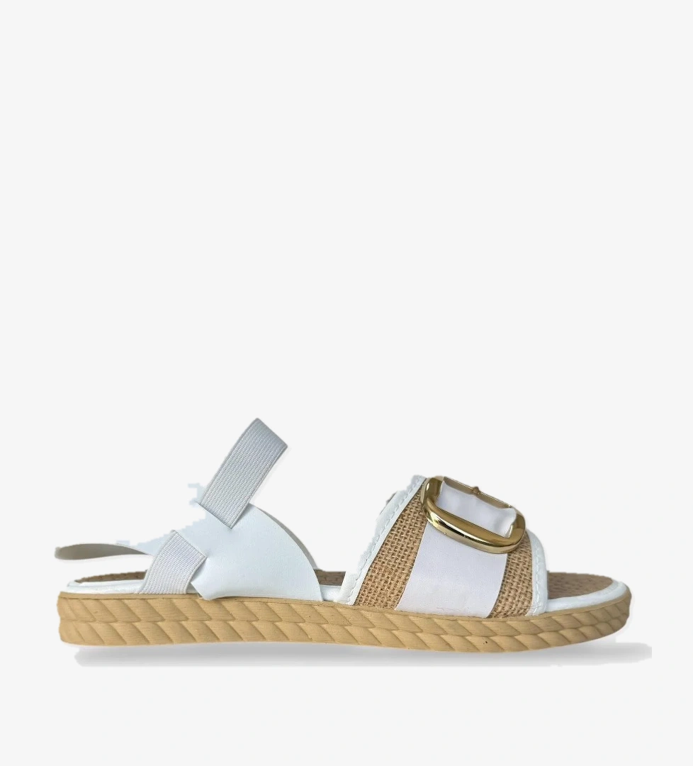 Kadın Tokalı Hasır Tek Bant Lastik Detaylı Sandalet BEYAZ