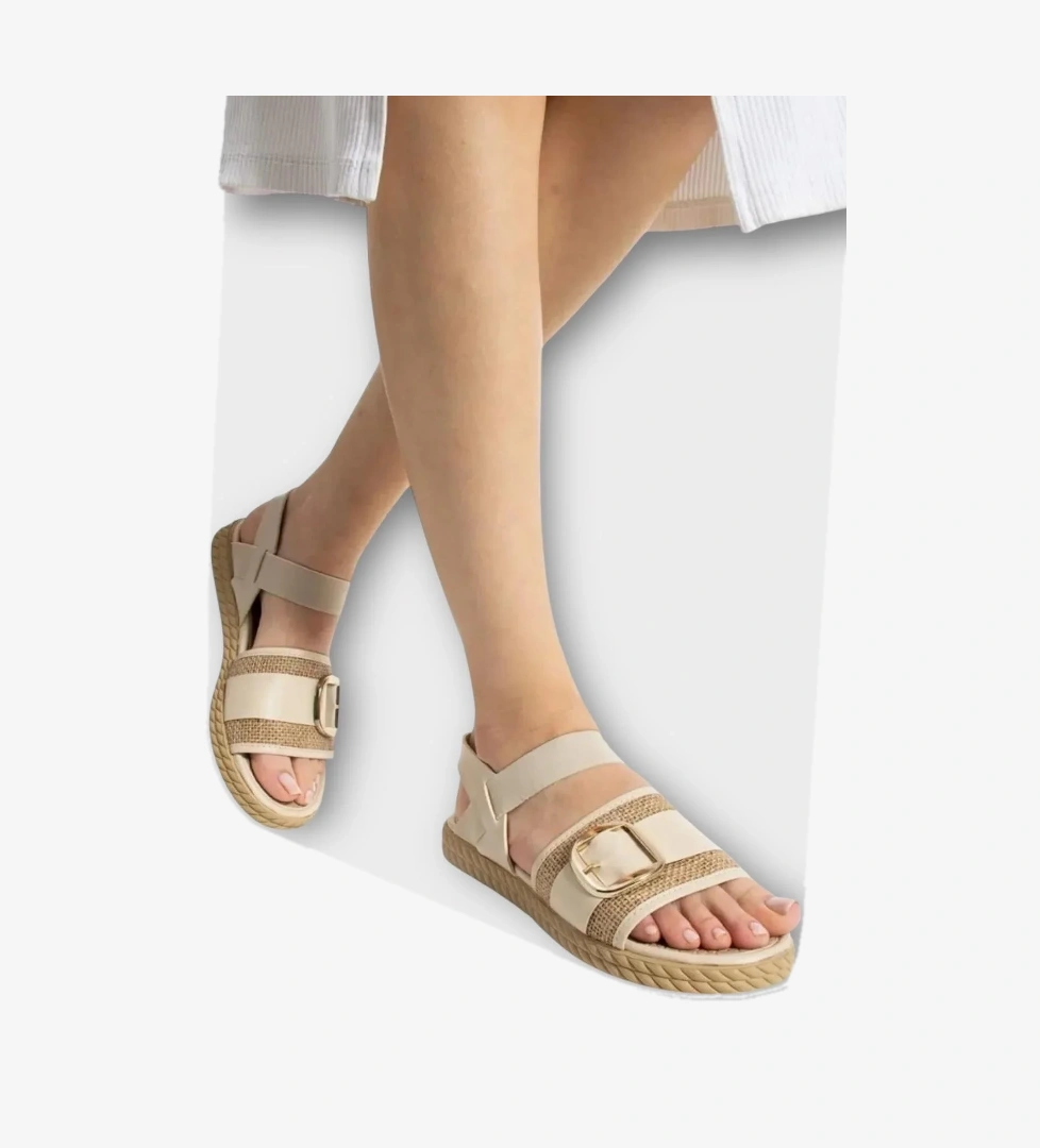 Kadın Tokalı Hasır Tek Bant Lastik Detaylı Sandalet KREM