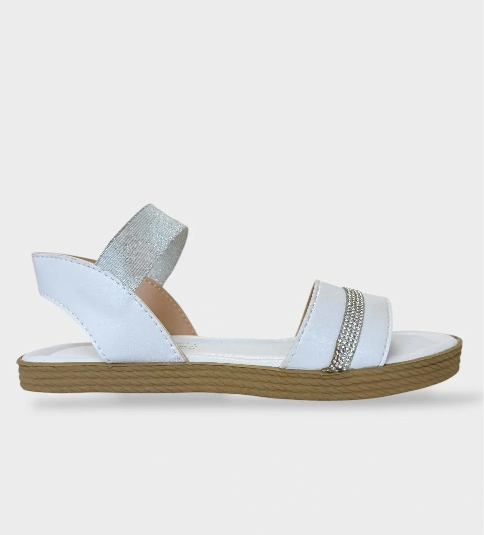 Kadın Taşlı Tek Bant Lastik Detaylı Sandalet BEYAZ