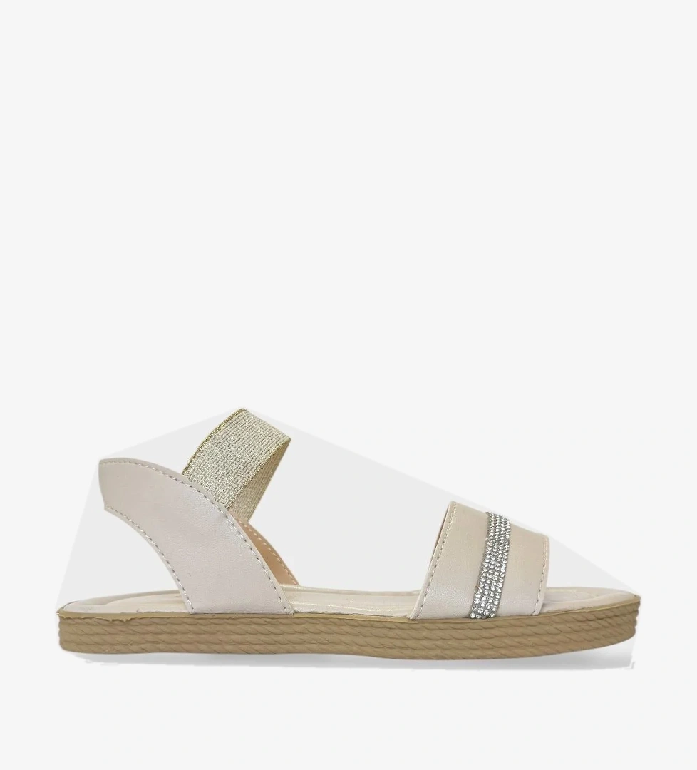 Kadın Taşlı Tek Bant Lastik Detaylı Sandalet KREM