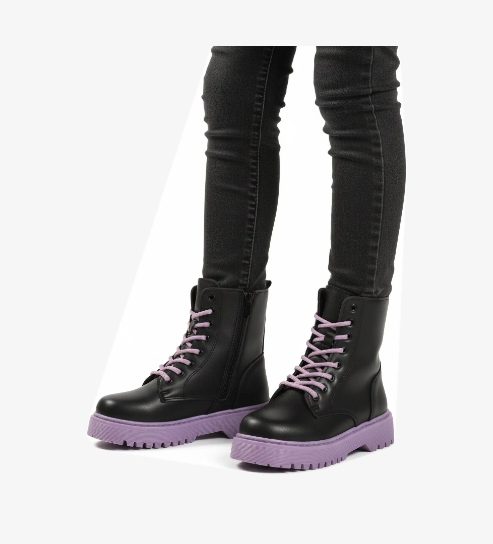 Siyah Mor İçi Polarlı Bağcıklı Fermuarlı Kaymaz Kız Çocuk Bot Dale 05 F