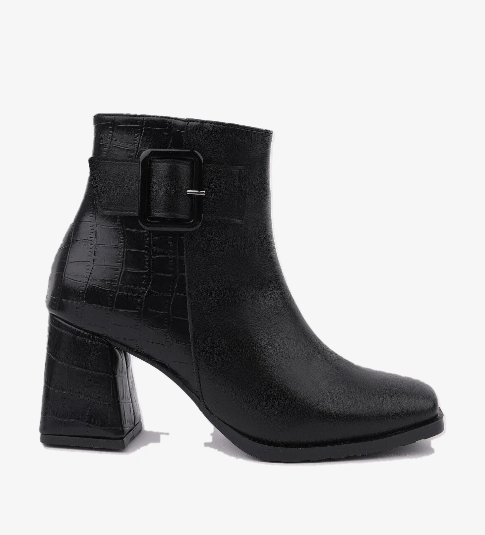 CANDORA Sivri Burun Kroko Desenli Toka Detaylı Kalın Topuklu Fermuarlı Kadın Bot - Görsel 1