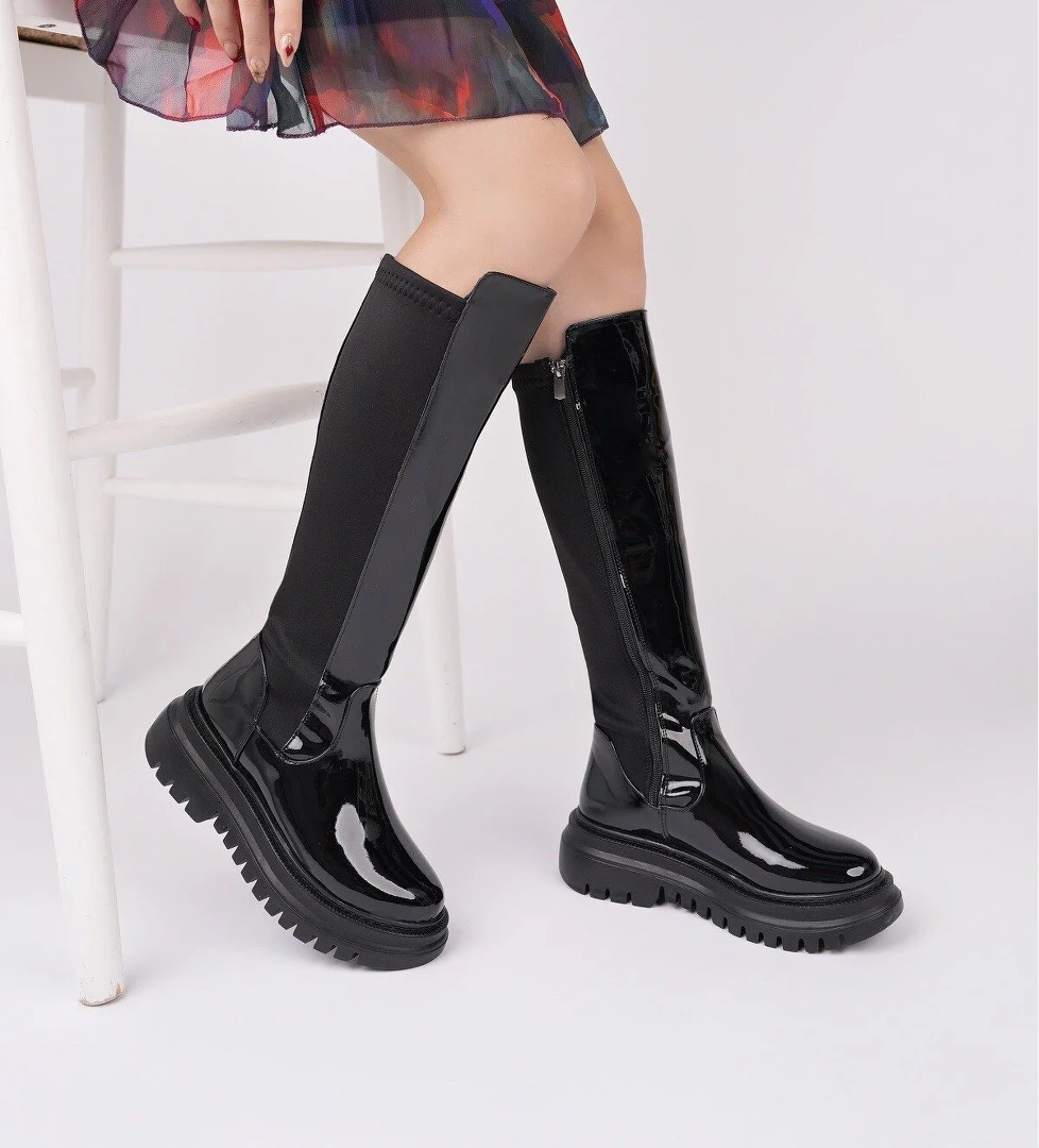 NEROX Kalın Taban Streç Detaylı Fermuarlı Kadın Çizme