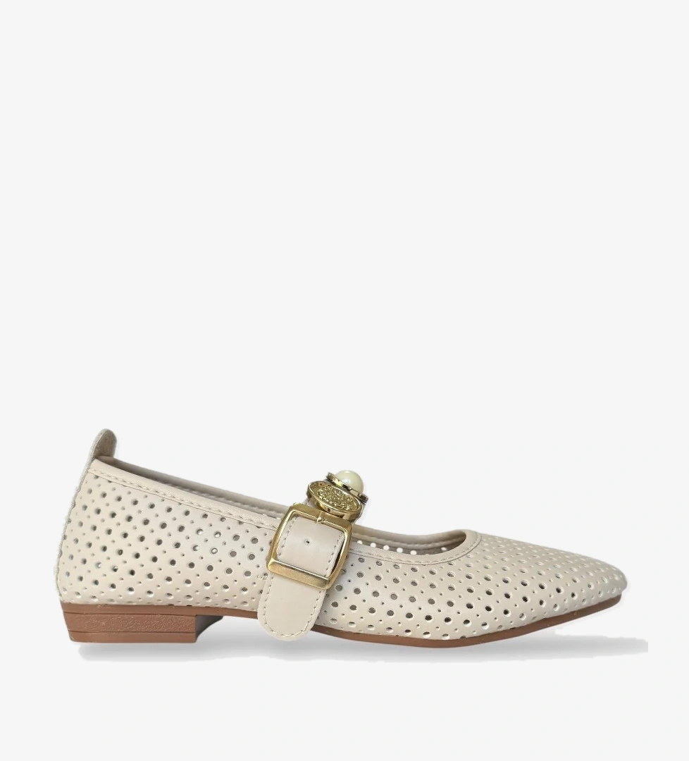 Kadın İnci ve Mühür Aksesuar Bantlı Babet KREM - BEJ