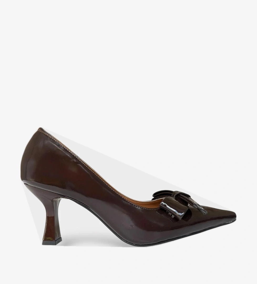 Kadın Fiyonk Tokalı Sivri Burun Topuklu Ayakkabı KAHVERENGİ