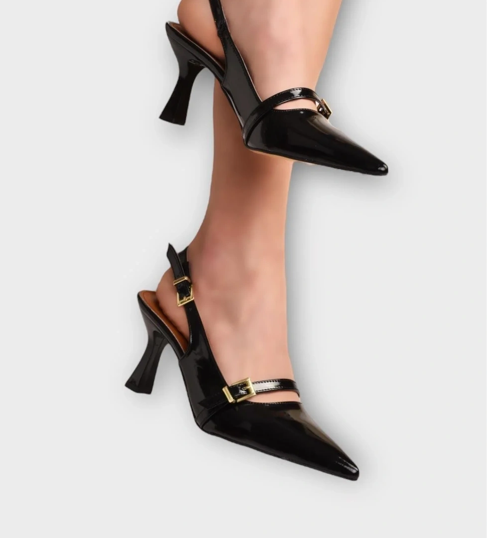 Kadın Tek Bant Tokalı Sivri Burun Arkası Açık Topuklu Ayakkabı SİYAH