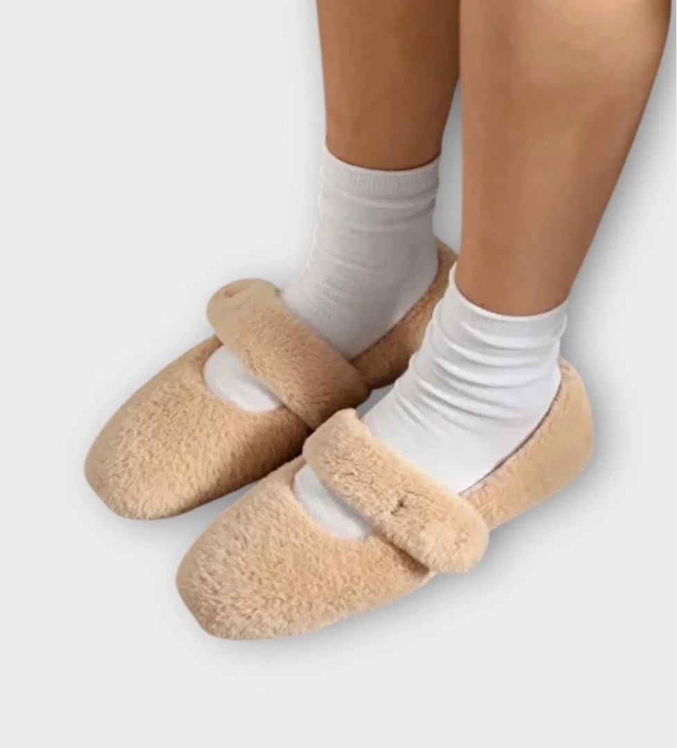 Tüylü Tek Kemer Cırtlı Panduf Kadın Ev Babeti BEJ