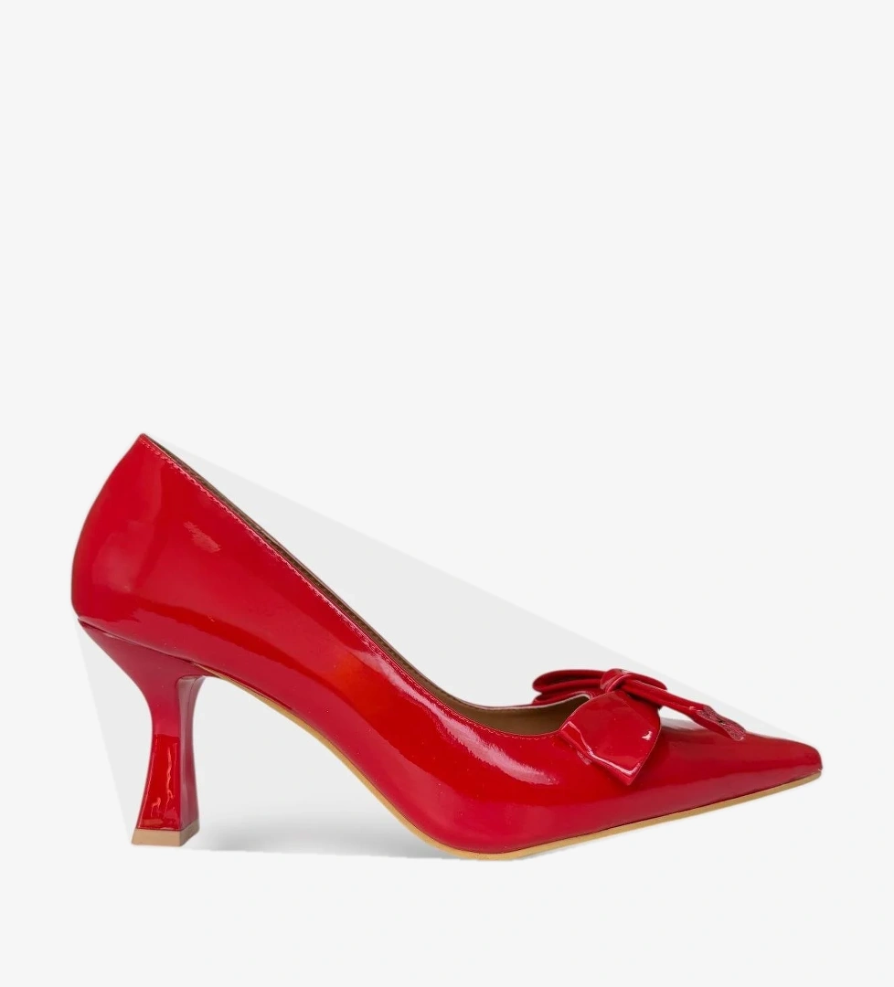 Kadın Fiyonk Tokalı Sivri Burun Topuklu Ayakkabı KIRMIZI