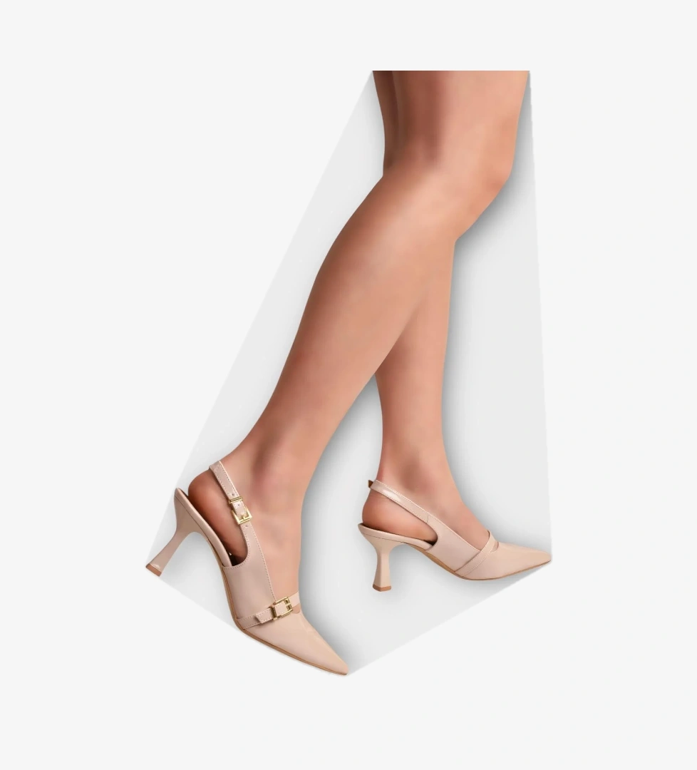 Liger Kadın Tek Bant Tokalı Sivri Burun Arkası Açık Topuklu Ayakkabı Bej Si̇yah model görseli