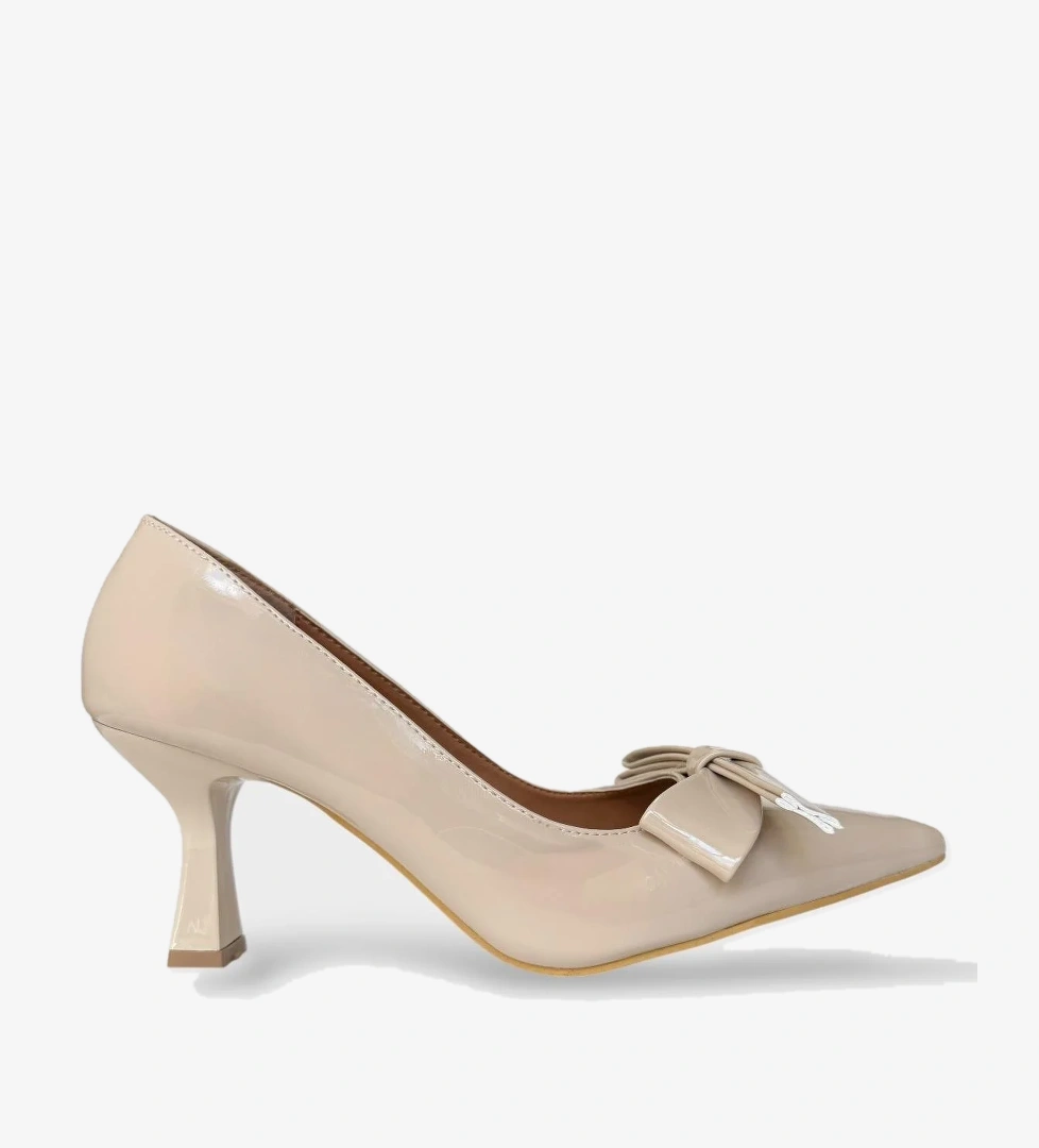 Kadın Fiyonk Tokalı Sivri Burun Topuklu Ayakkabı BEJ - Görsel 1