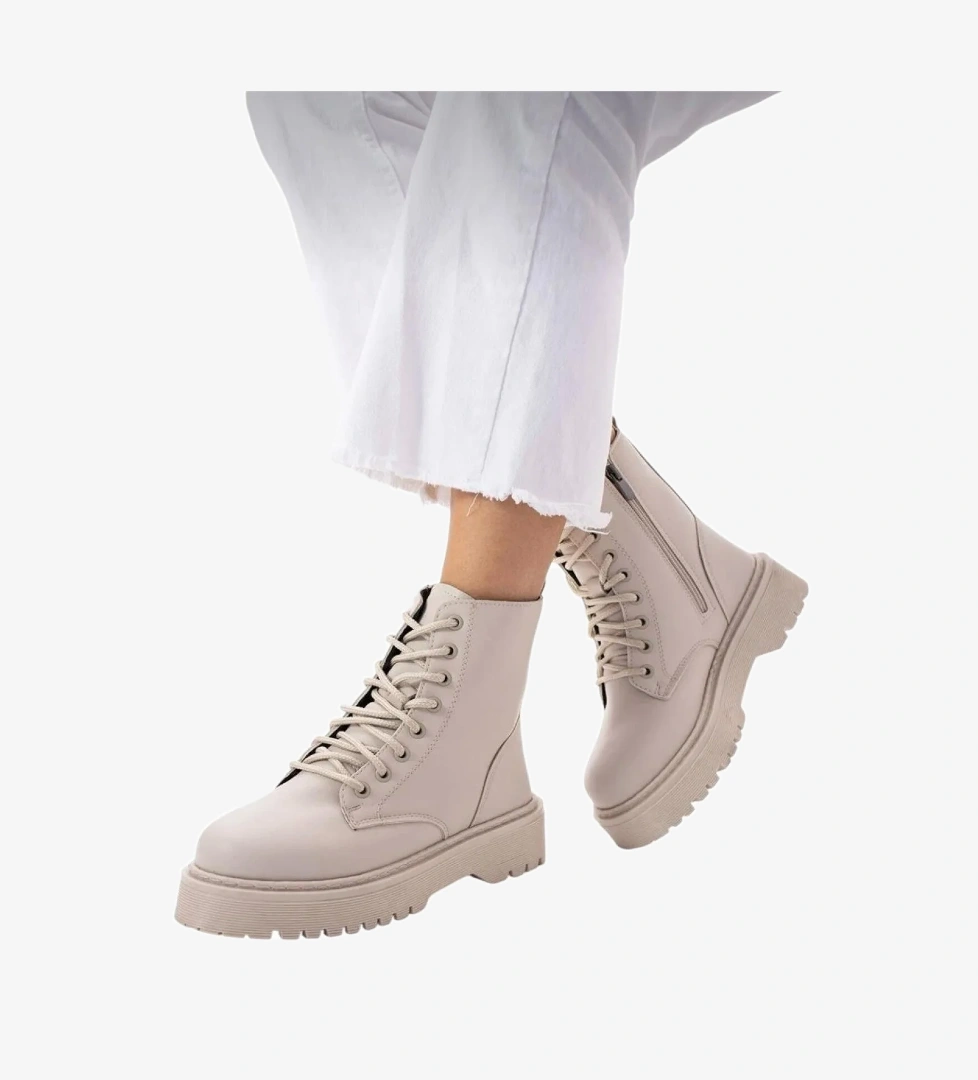 Kadın Fermuarlı Bağcıklı Kalın Taban Kadın Bot KREM