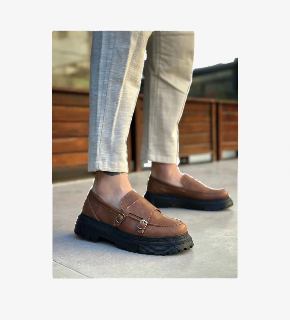 Bağcıksız Çift Tokalı Erkek Casual Ayakkabı TABA (SİYAH TABAN) - Görsel 1