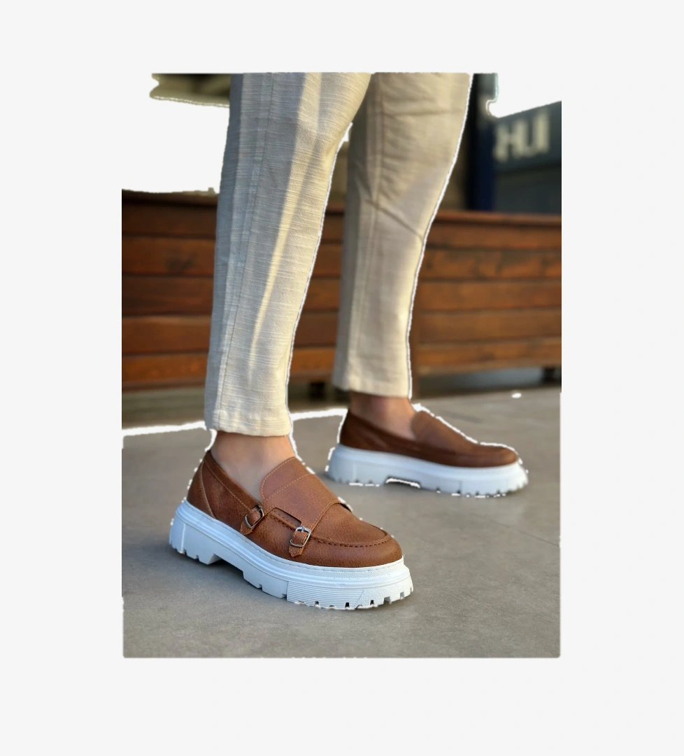 Pabucmarketi Bağcıksız Çift Tokalı Erkek Casual Ayakkabı TABA (BEYAZ TABAN) model görseli