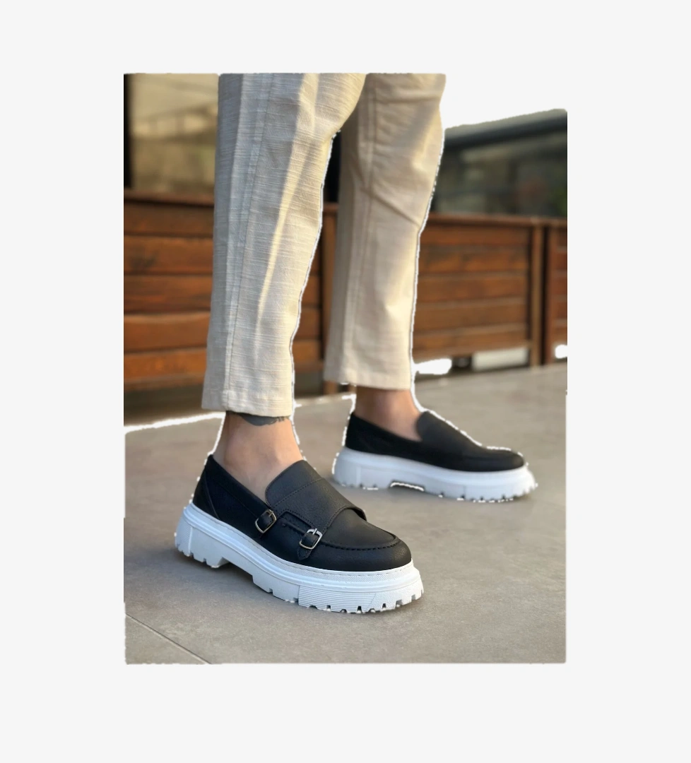 Bağcıksız Çift Tokalı Erkek Casual Ayakkabı SİYAH (BEYAZ TABAN) - Görsel 1