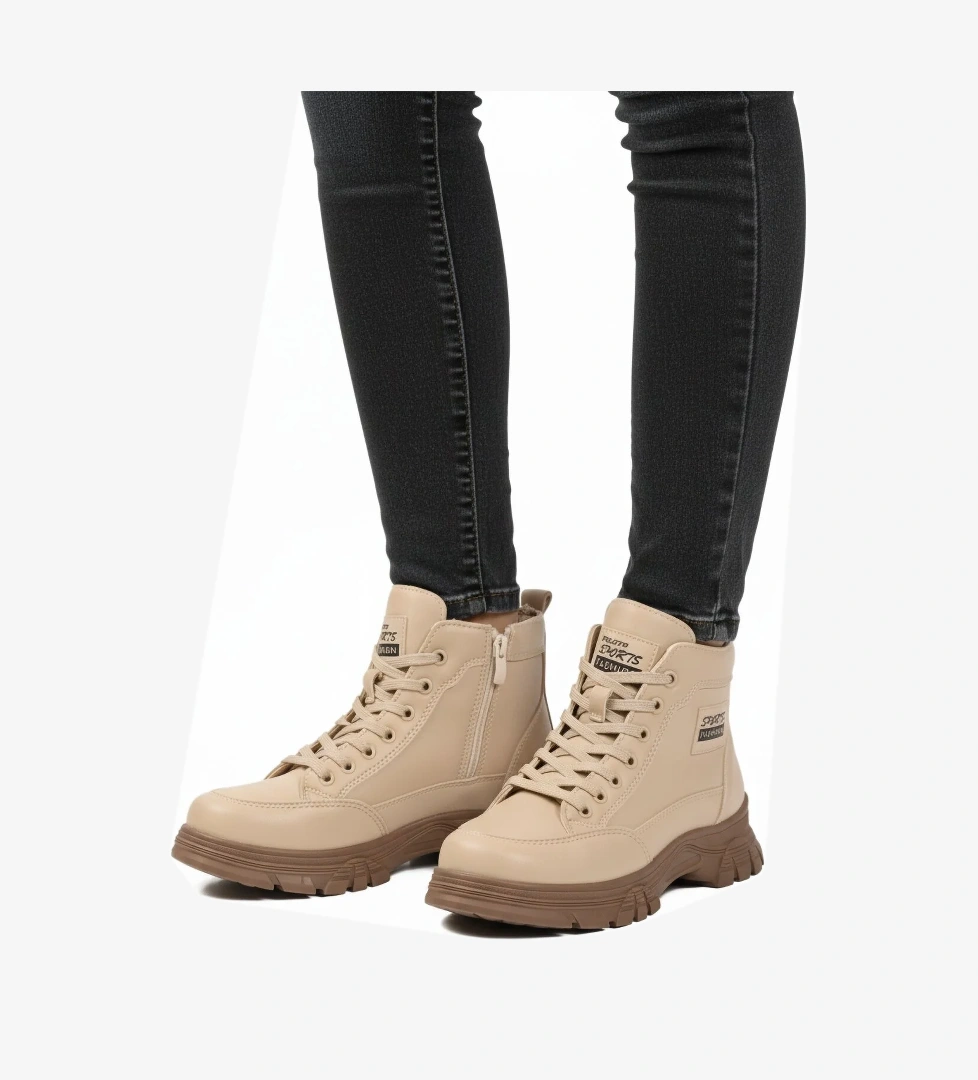 Aspor Bej İçi Kürklü Fermuarlı Bağcıklı Kadın Sneaker Bot