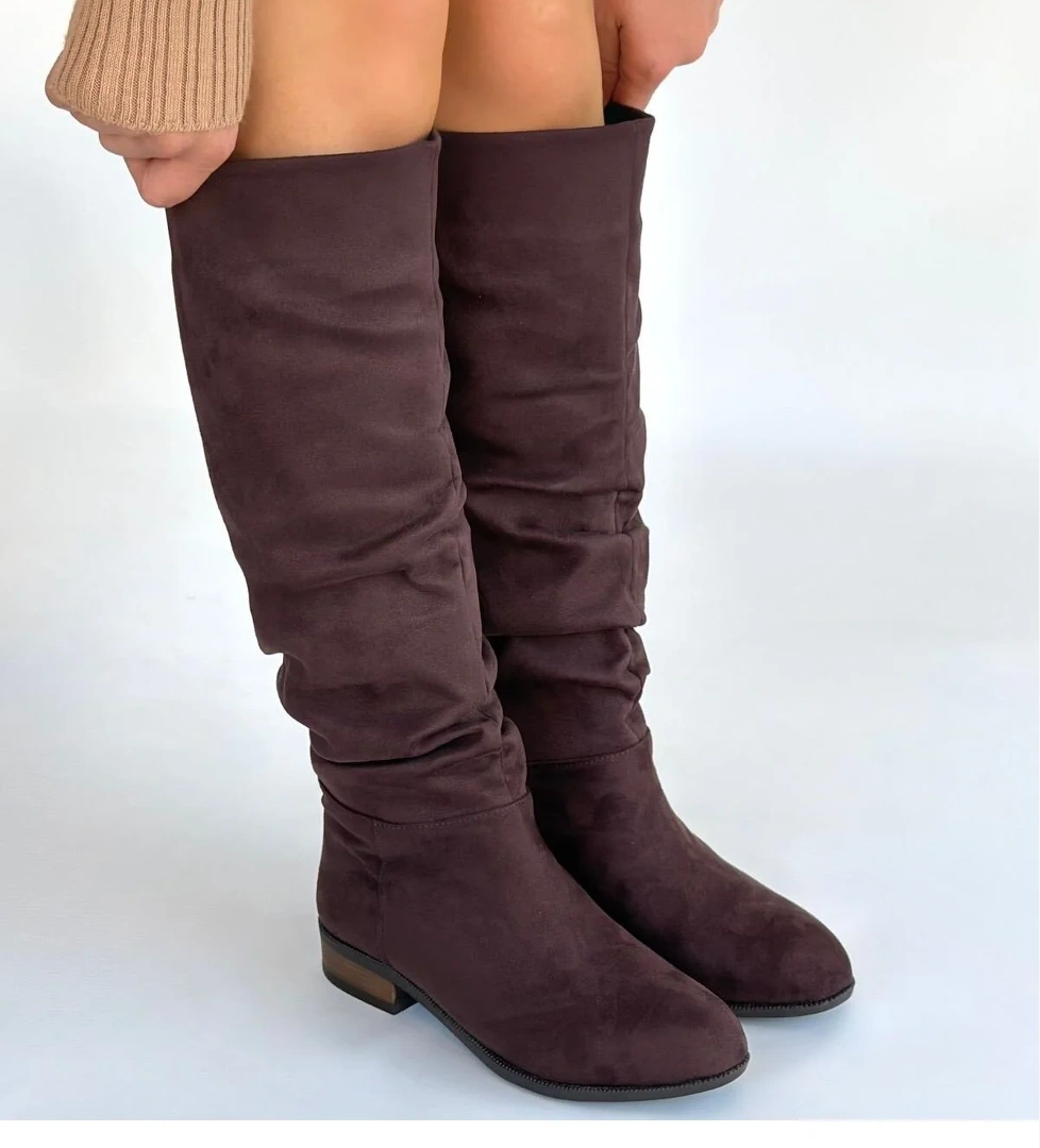 Kahverengi Süet Körüklü Kadın Topuklu Çizme - Görsel 1