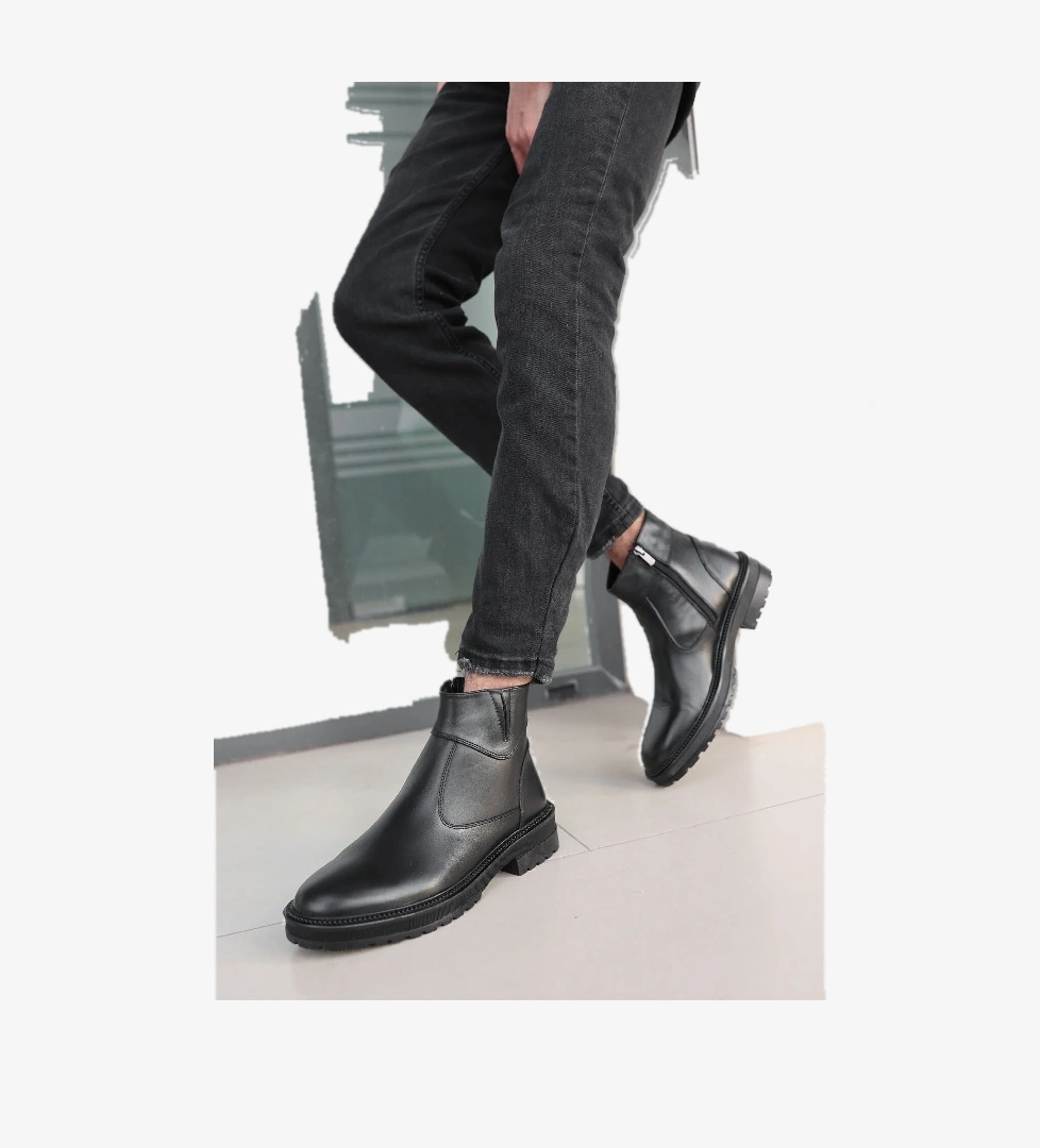 Siyah Cilt Garantili Erkek Hakiki Deri Soğuk Geçirmez Kaymaz Kauçuk Taban Bot IGR-8952BT