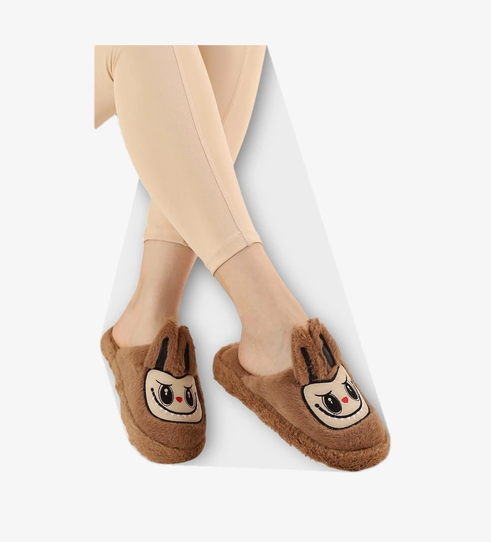 Sevimli Tavşan Figürlü Sıcak Tutan Kışlık Kadın Ev Terliği KAHVERENGİ