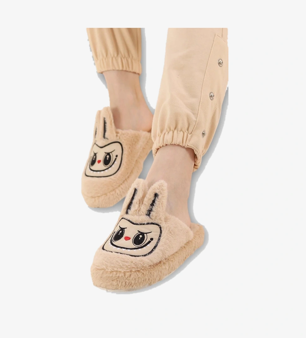 Sevimli Tavşan Figürlü Sıcak Tutan Kışlık Kadın Ev Terliği BEJ