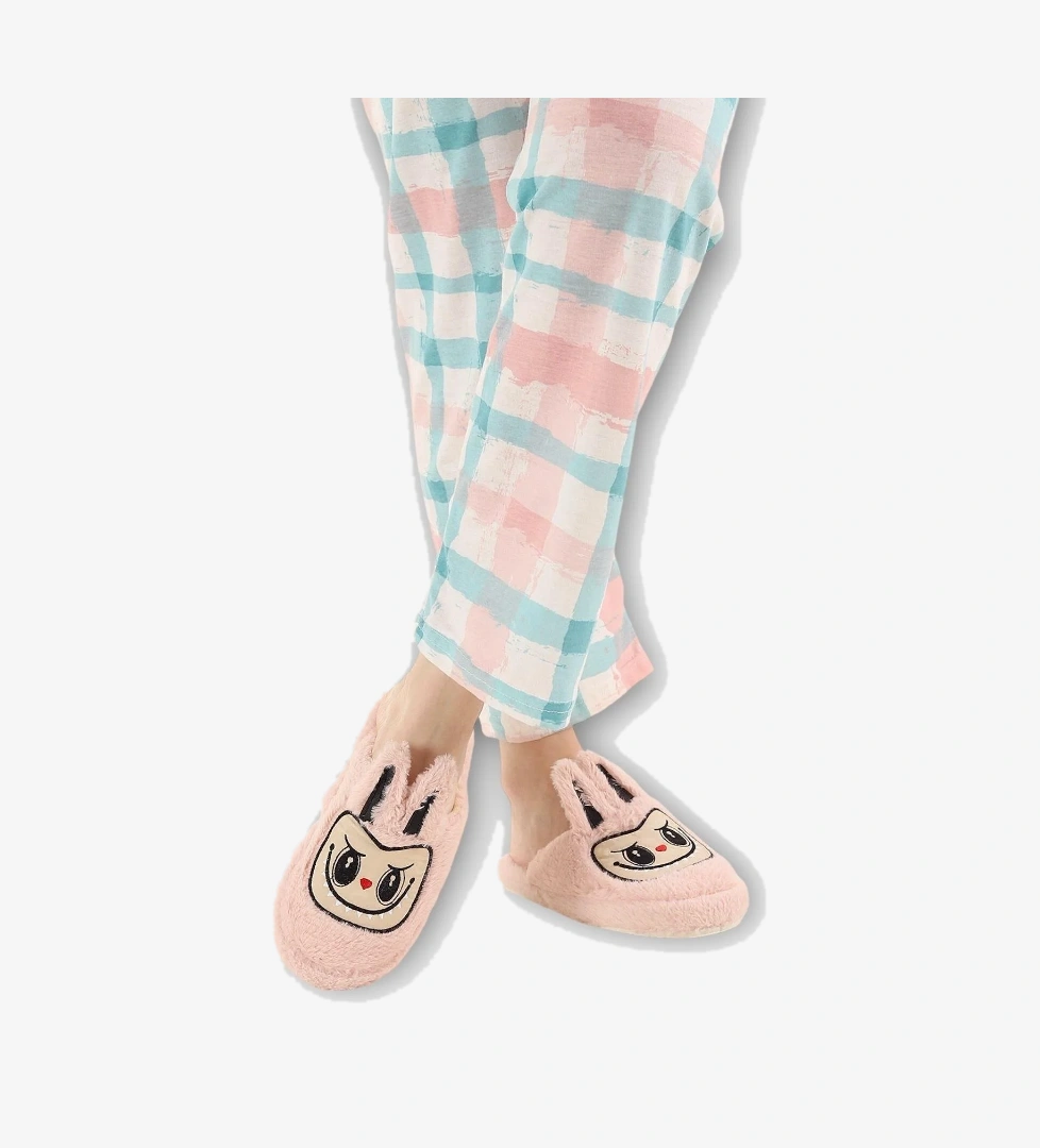 Sevimli Tavşan Figürlü Sıcak Tutan Kışlık Kadın Ev Terliği PUDRA