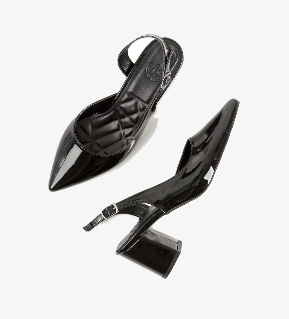 Verlik Siyah Rugan Kısa Kalın Topuklu Stiletto Asimetrik Bantlı Kadın Ayakkabı