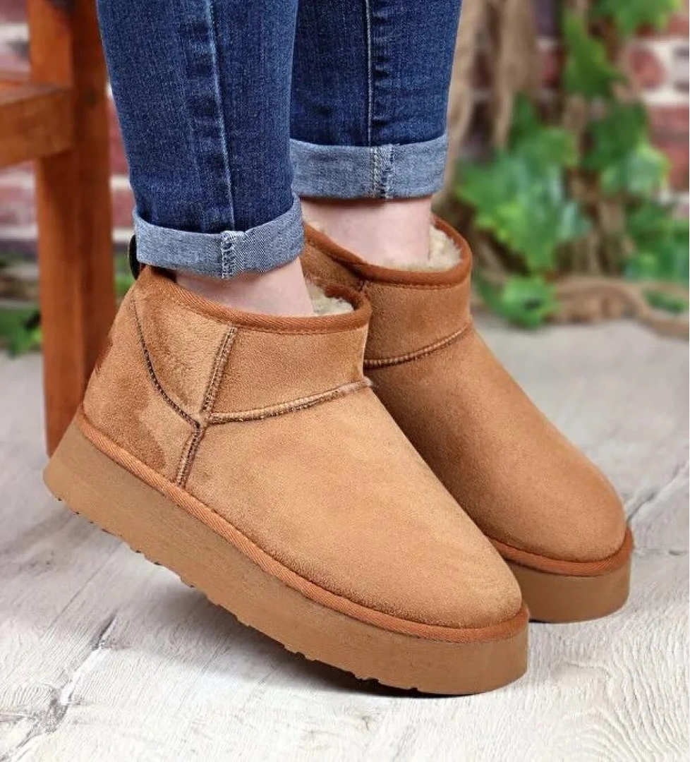 52709 Süet İçi Kürklü Kalın Taban Mini Boy Bilekte Kısa Kadın Bot