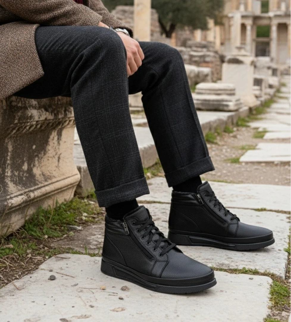 TİTAN Hakiki Deri İçi Kürklü Fermuarlı ve Bağcıklı Erkek Kışlık Bot