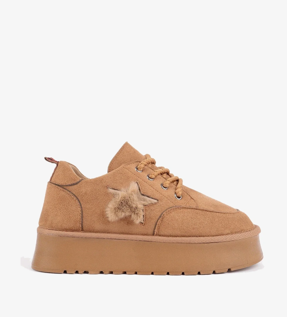 KOZMOS Kalın Taban Bağcıklı Yıldız Detaylı Kadın Kışlık Sneaker Spor Ayakkabı