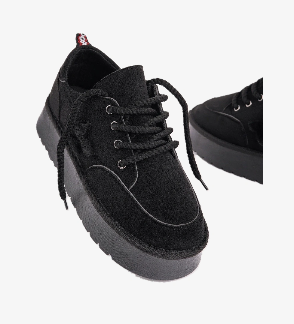 Muggo Muggo Siyah KOZMOS Kalın Taban Bağcıklı Yıldız Detaylı Kadın Kışlık Sneaker Spor Ayakkabı | Flo Siyah - 1. görsel