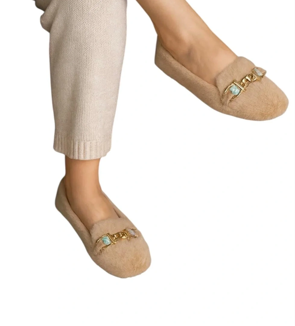 Yumuşak Peluş Ses Yapmaz Hafif Taban Kadın Ev Babeti Panduf BEJ