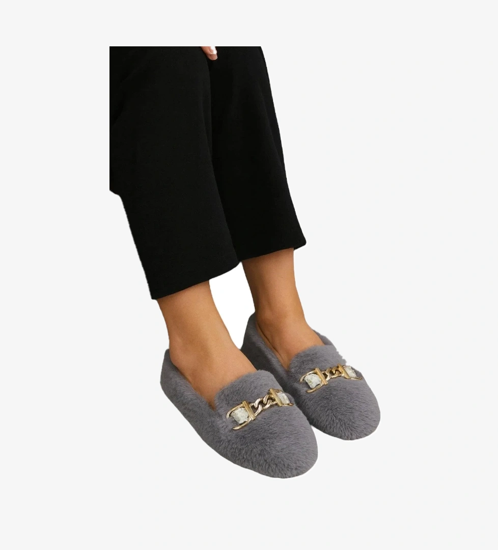 Yumuşak Peluş Ses Yapmaz Hafif Taban Kadın Ev Babeti Panduf GRİ - Görsel 1