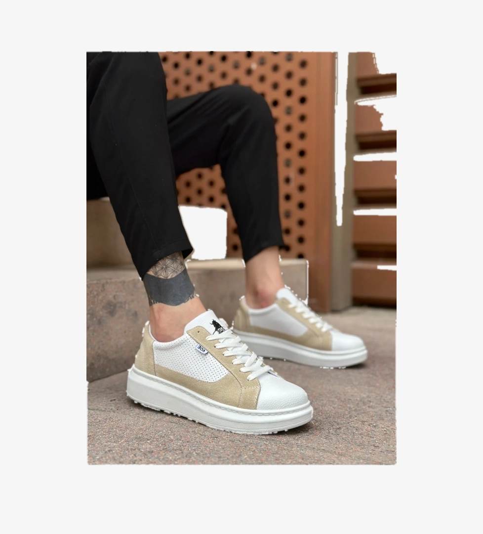 Pabucmarketi Bağcıklı Yüksek Taban Erkek Spor Ayakkabı BEYAZ KREM (BEYAZ TABAN) model görseli