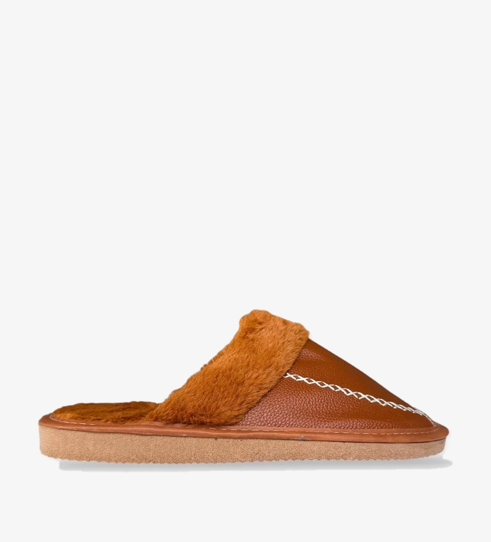 Deri Görünümlü Kürklü Erkek Ev Terliği TABA - Görsel 1