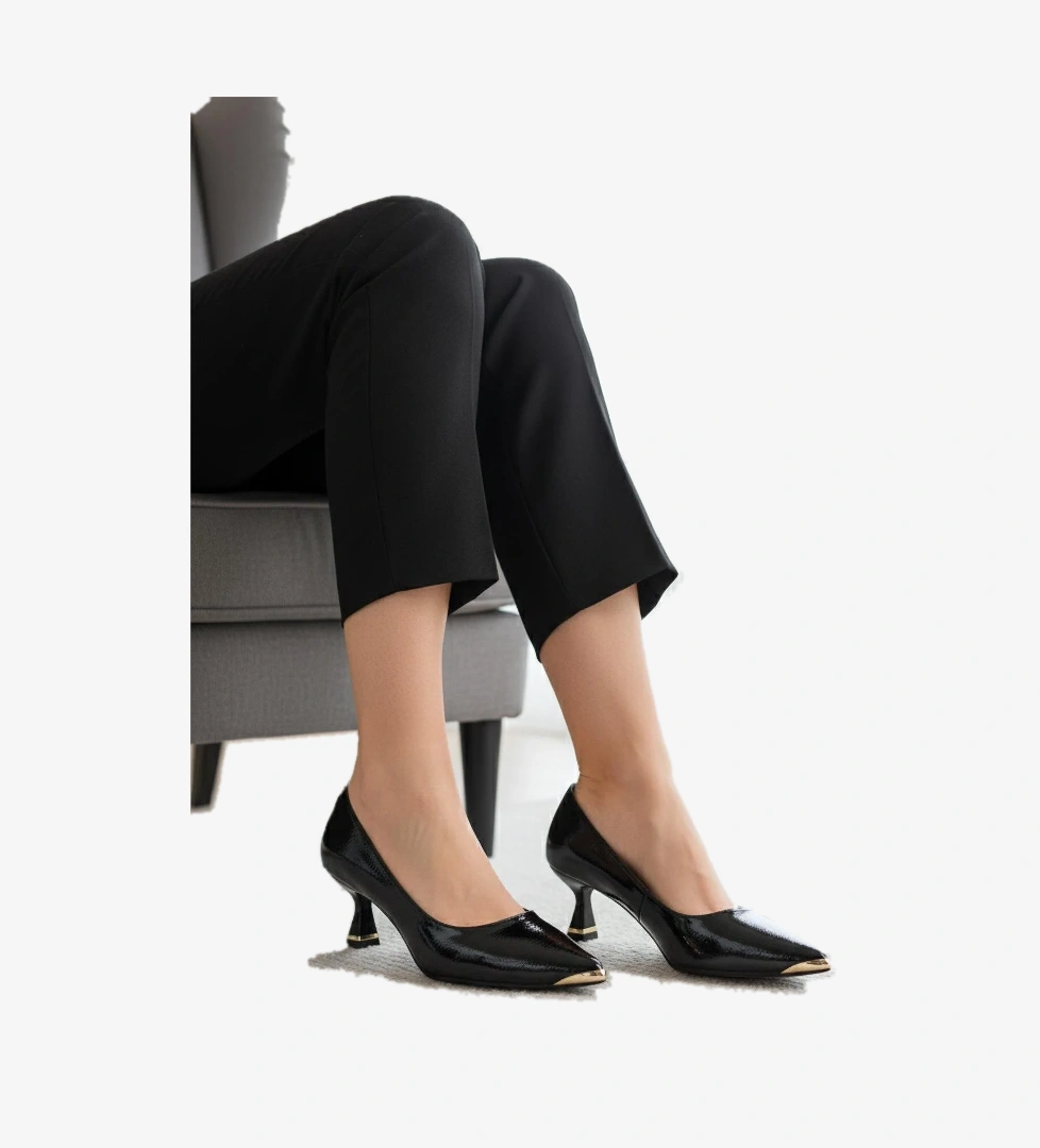 357171 Z Siyah Kırışık Rugan Kadın Topuklu Ayakkabı - Görsel 1