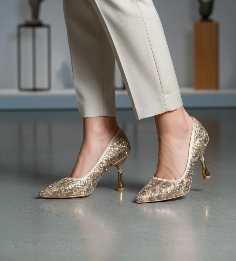 248245 Z Bej Saten Taşlı Kadın Topuklu Ayakkabı