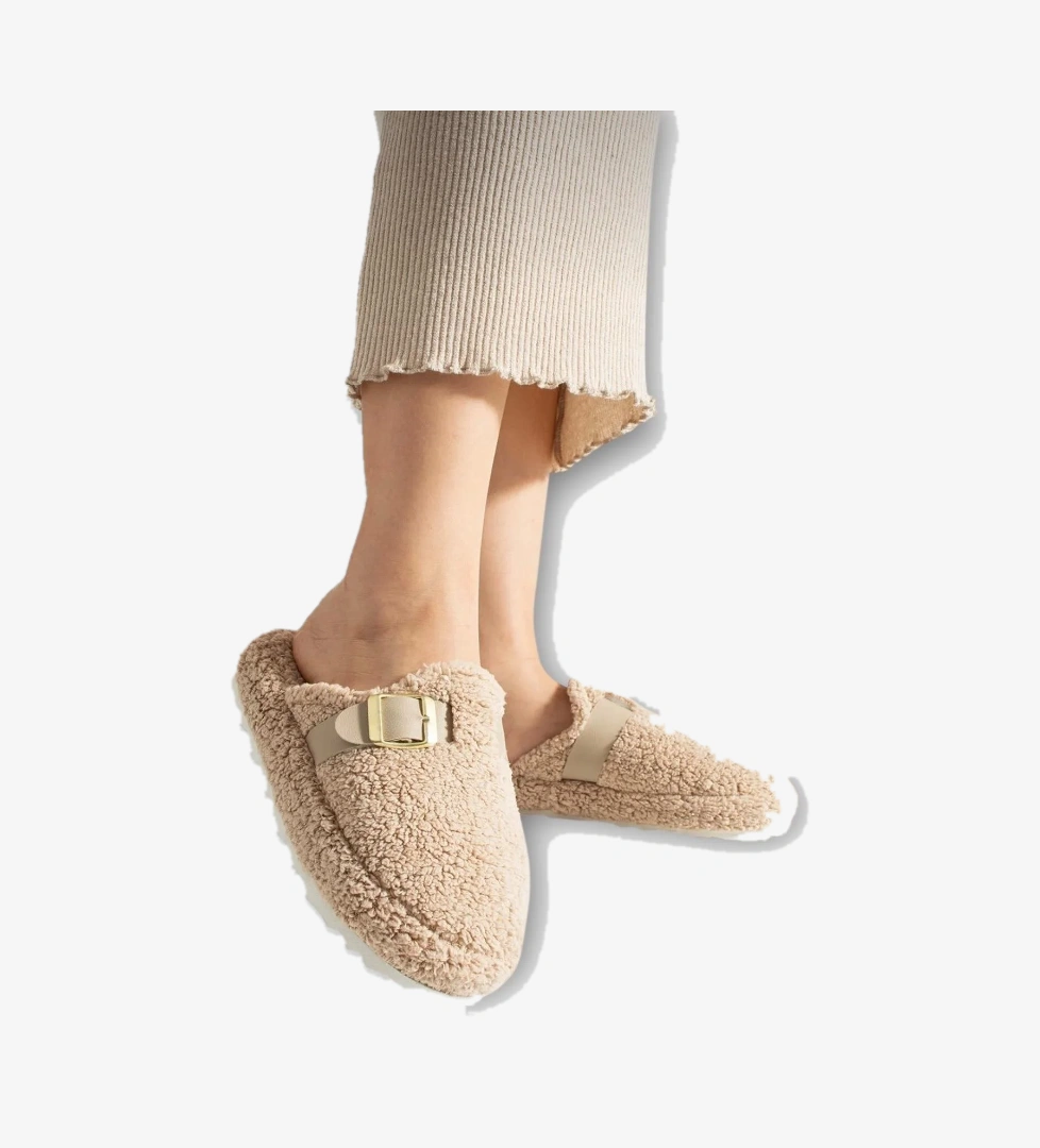 Pofuduk Ses Yapmaz Eva Taban Tokalı Kadın Ev Terliği BEJ