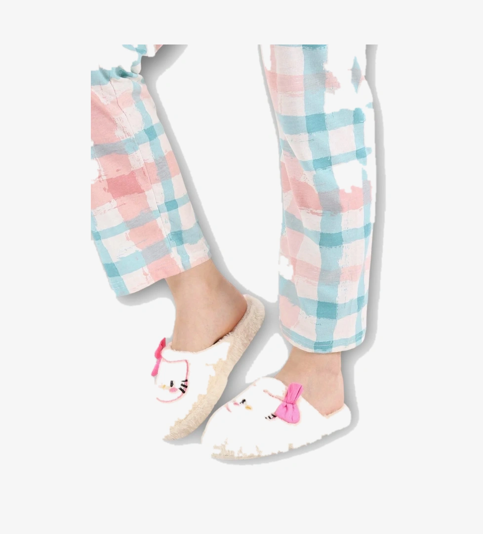 HelloKitty Figürlü Sıcak Tutan Kışlık Kadın Ev Terliği BEYAZ - KIRMIZI