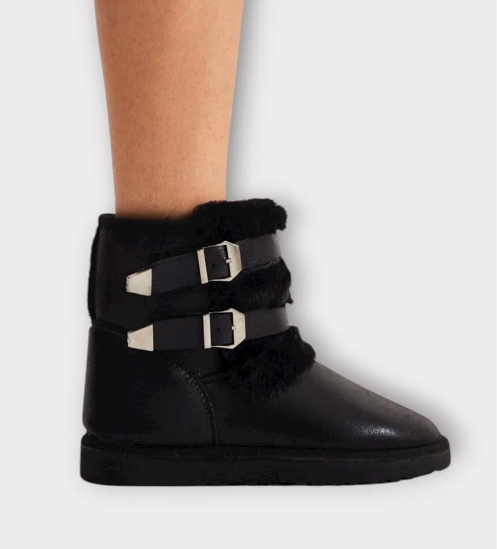 İçi Kürklü Çift Kemerli Kadın Bot SİYAH